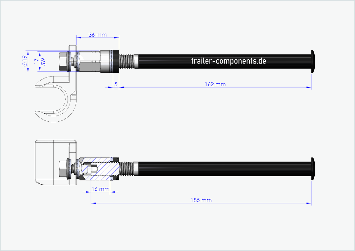 Steckachse mit Adapter Universal für TOUT TERRAIN | für linkseitiges Gewinde M12 x 1.50 - passend für Thule, Qeridoo, Burley, Prophete, Hamax, Trixie u.v.a.