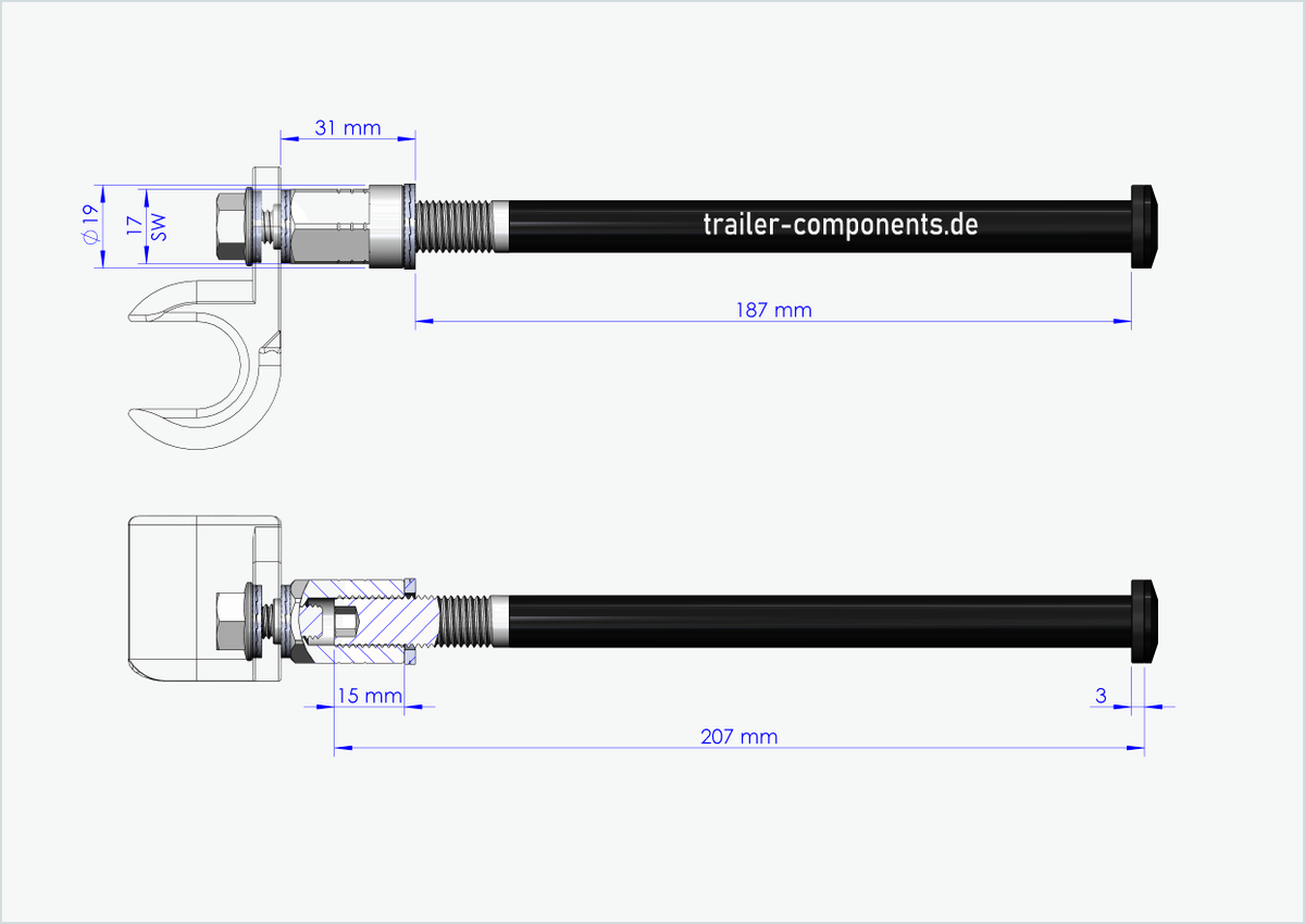 Steckachse mit Adapter Universal für ORBEA | für linkseitiges Gewinde M12 x 1.50 - passend für Thule, Qeridoo, Burley, Prophete, Hamax, Trixie u.v.a.