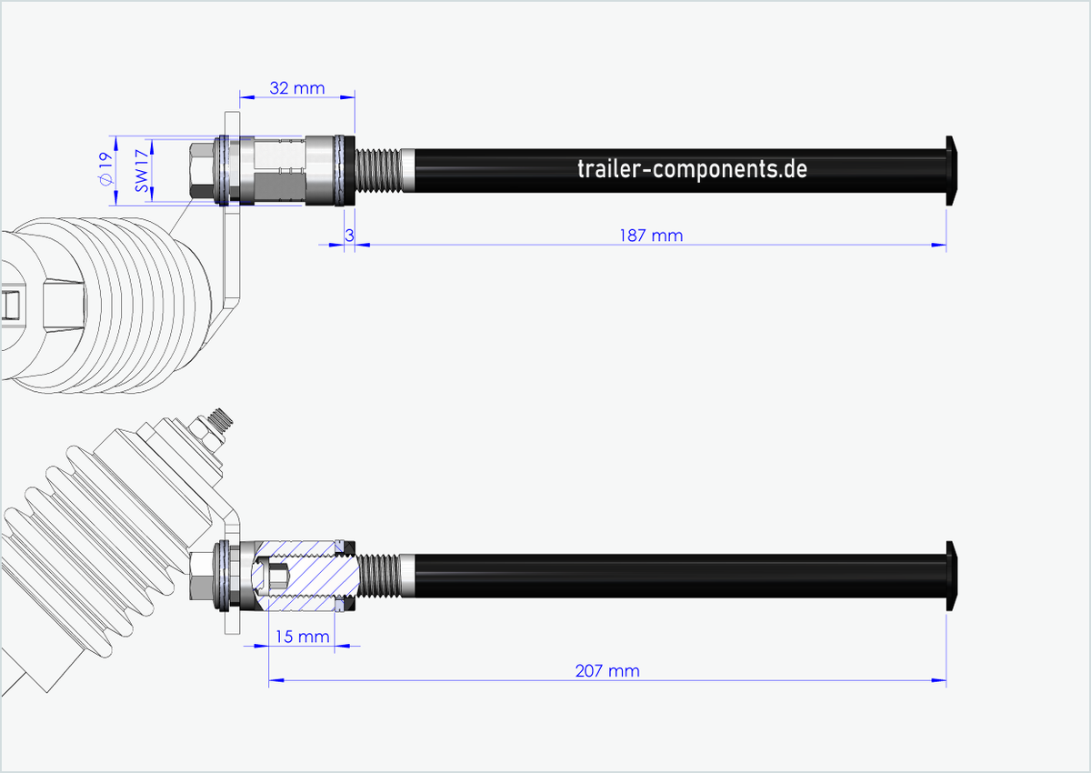 Steckachse mit Adapter Weber für ORBEA | für linkseitiges Gewinde M12 x 1.50 - passend für Weber-Kupplungen Typ: E - EL - ES