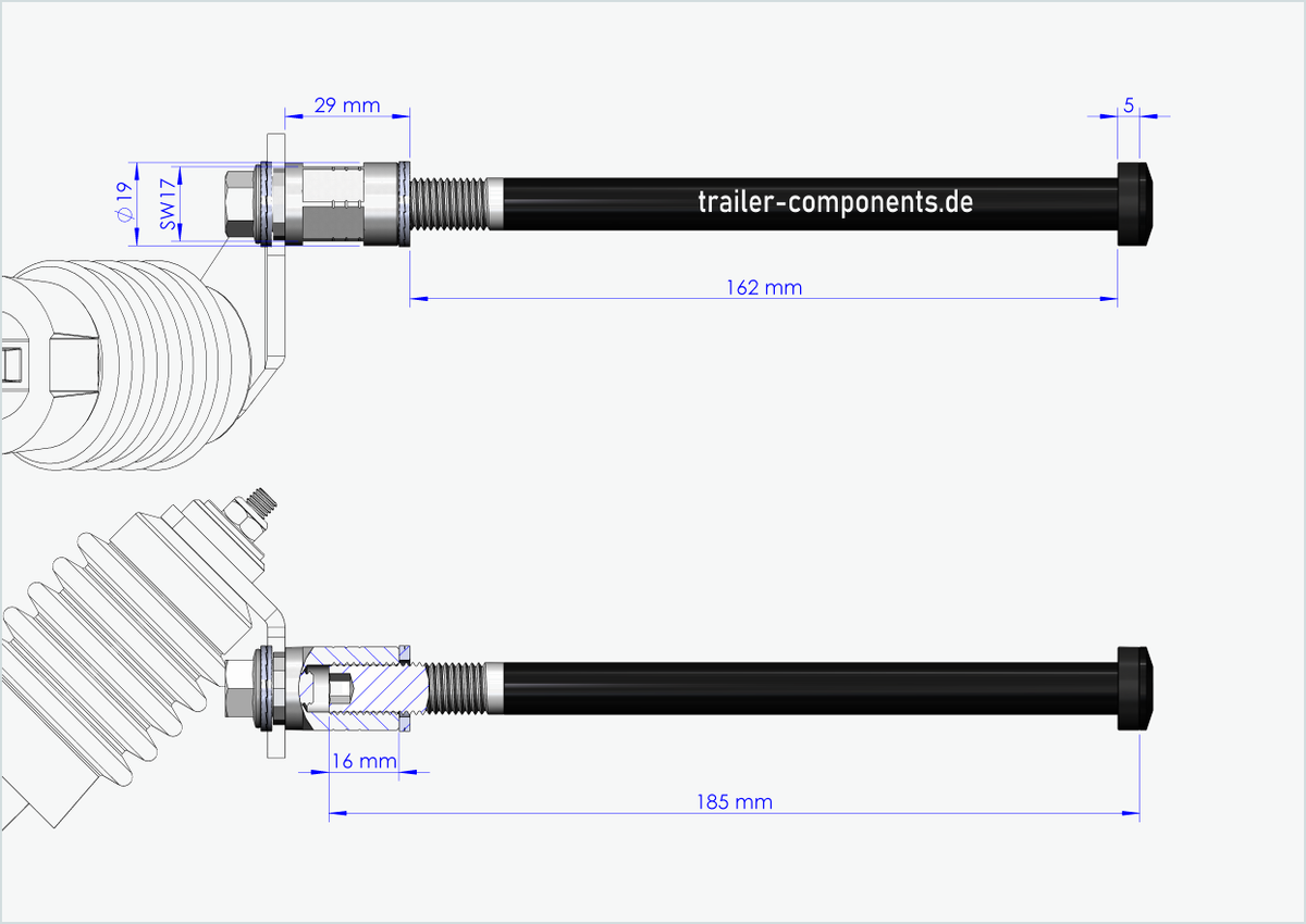 Steckachse mit Adapter Weber für TOUT TERRAIN | für linkseitiges Gewinde M12 x 1.50 - passend für Weber-Kupplungen Typ: E - EL - ES