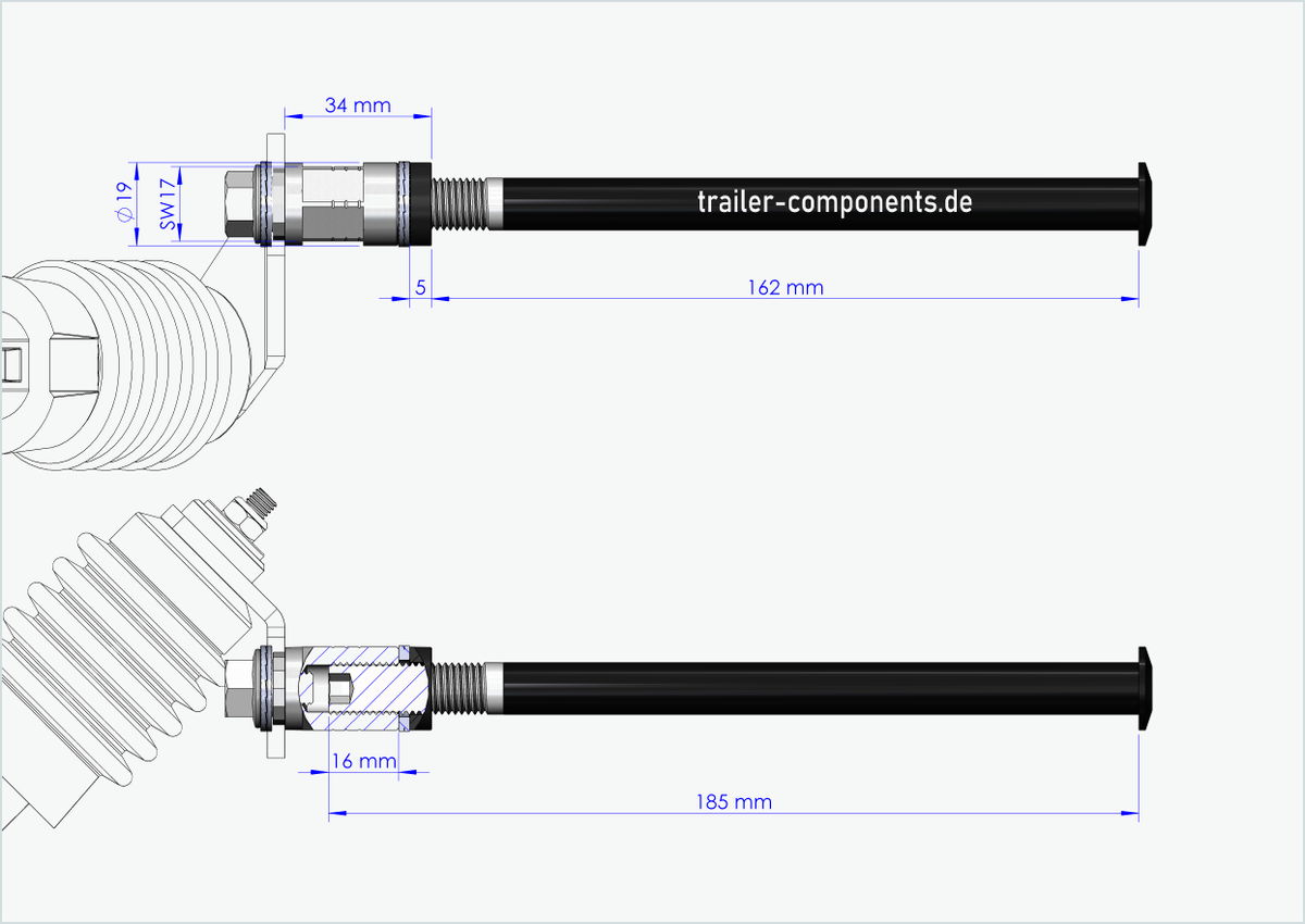 Steckachse mit Adapter Weber für TOUT TERRAIN | für linkseitiges Gewinde M12 x 1.50 - passend für Weber-Kupplungen Typ: E - EL - ES