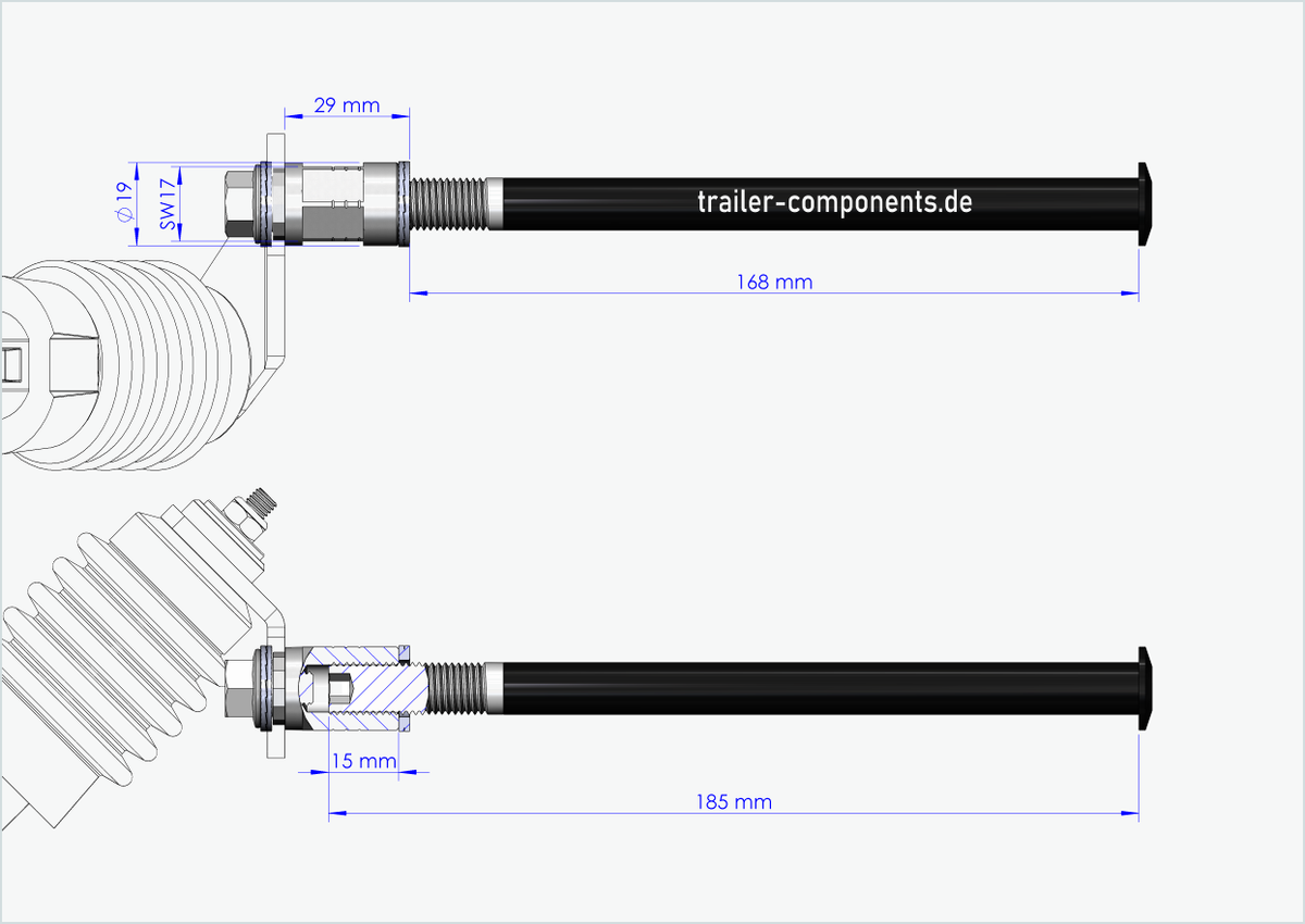Steckachse mit Adapter Weber für ORBEA | für linkseitiges Gewinde M12 x 1.50 - passend für Weber-Kupplungen Typ: E - EL - ES